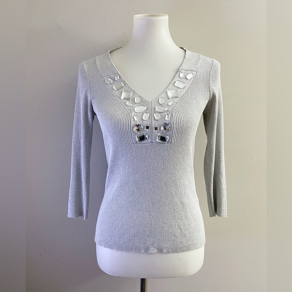 Vintage C'est City Silk Blend Jeweled Elegant Silver V-Neck Sweater